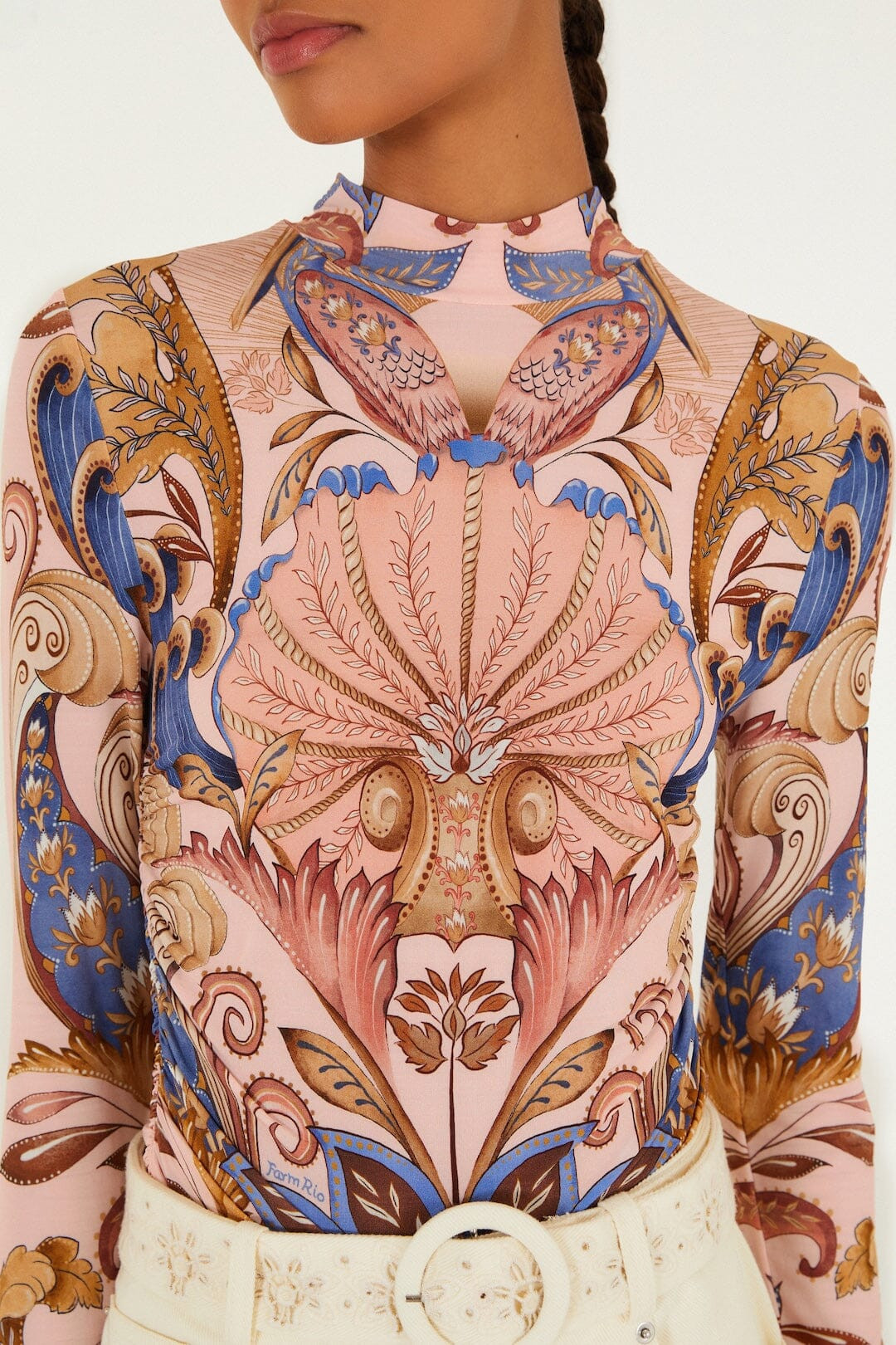 Soft Pink Sea Garden Scarf Jersey Blouse | FARM Rio | FarmRio (US)