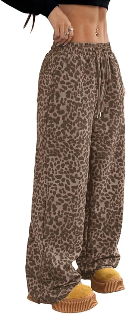 Women's Leopard Baggy Wide Leg Sweatpants Drawstring High Waisted Cheetah Print Lounge Barrel Tro... | Amazon (US)