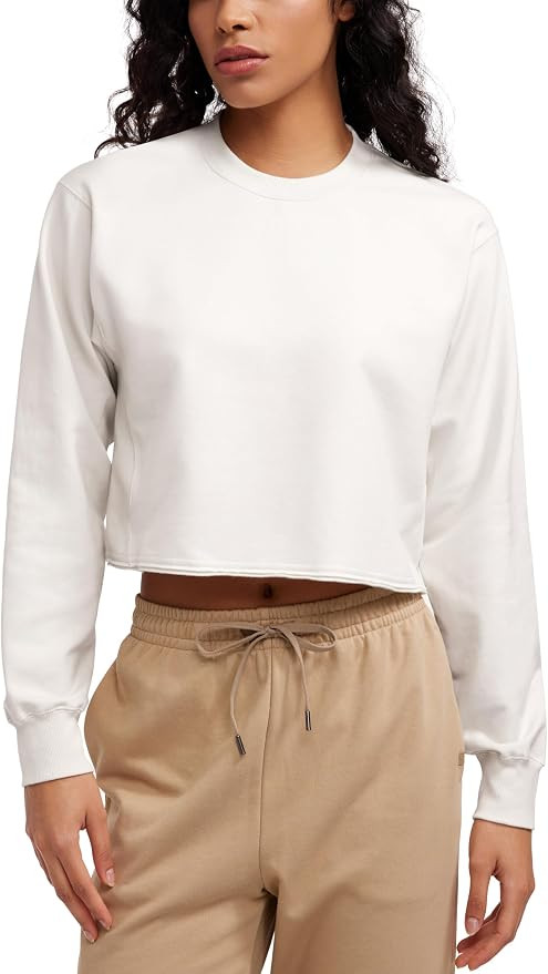 CRZ YOGA Womens Fleece Cropped Sweatshirts Crewneck Long Sleeve Double Raw Hem Workout Casual Pul... | Amazon (US)