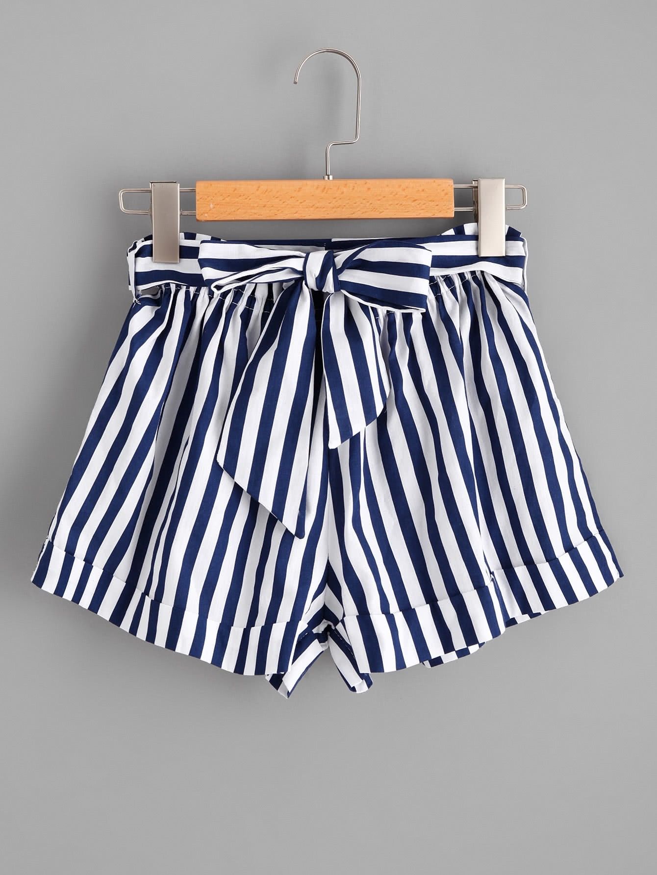 Striped Self Tie Waist Shorts | ROMWE