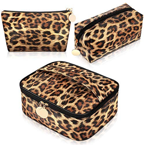 3 Pieces Leopard Print Cosmetic Bag Set Cheetah Toiletry Travel Makeup Bag Portable Makeup Pouch Brush Organizer Purse Handbag for Women | Amazon (US)