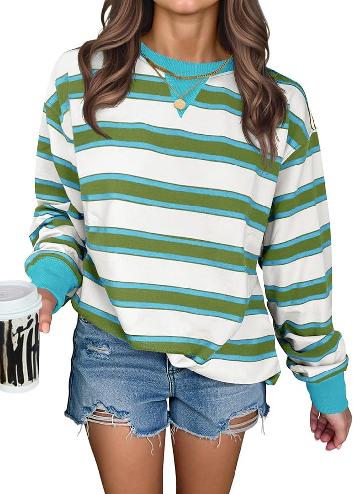 Fisoew Womens Striped Oversized Sweatshirt Casual Crewneck Long Sleeve Shirts Fall Loose Pullover... | Amazon (US)