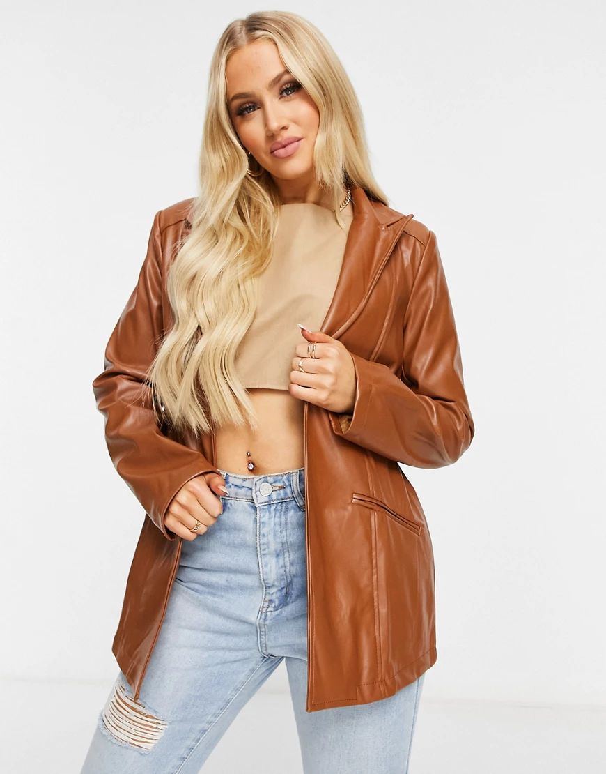 Missguided set faux leather boyfriend blazer in toffee-Brown | ASOS (Global)