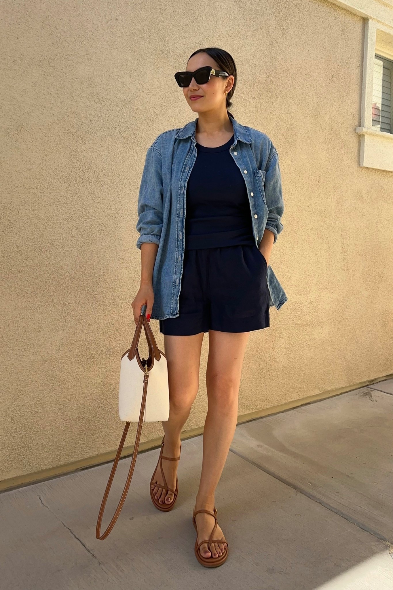 Spring/summer relaxed outfit 

Gap factory denim shirt — runs oversized, 50% off! 
Quince linen shirt — xs 
Jcrew pull on shorts — linked to this year’s style as the exact 
DV sandals — was just restocked! 

#LTKSeasonal #LTKootd