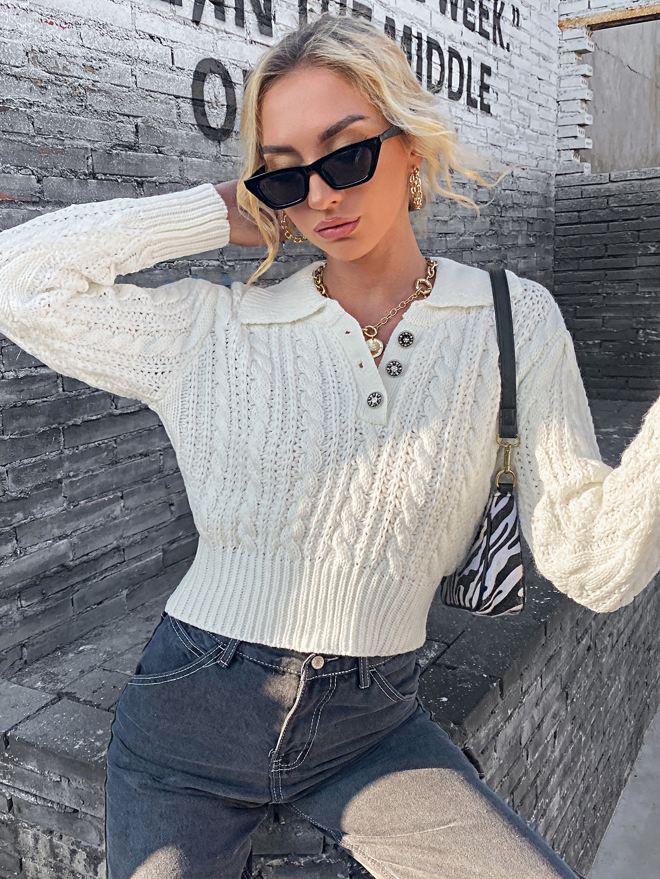 Half Button Cable Knit Crop Sweater | SHEIN