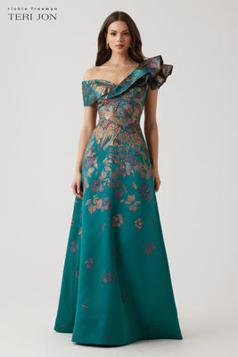 Metallic Jacquard Asymmetrical Ruffle Shoulder Gown | TERI JON