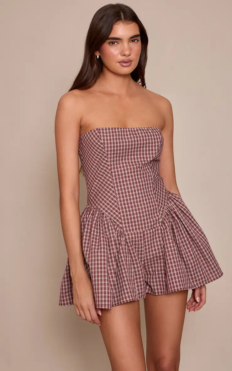 Burgundy Check Print Woven Bandeau Playsuit | PrettyLittleThing USA | PrettyLittleThing US