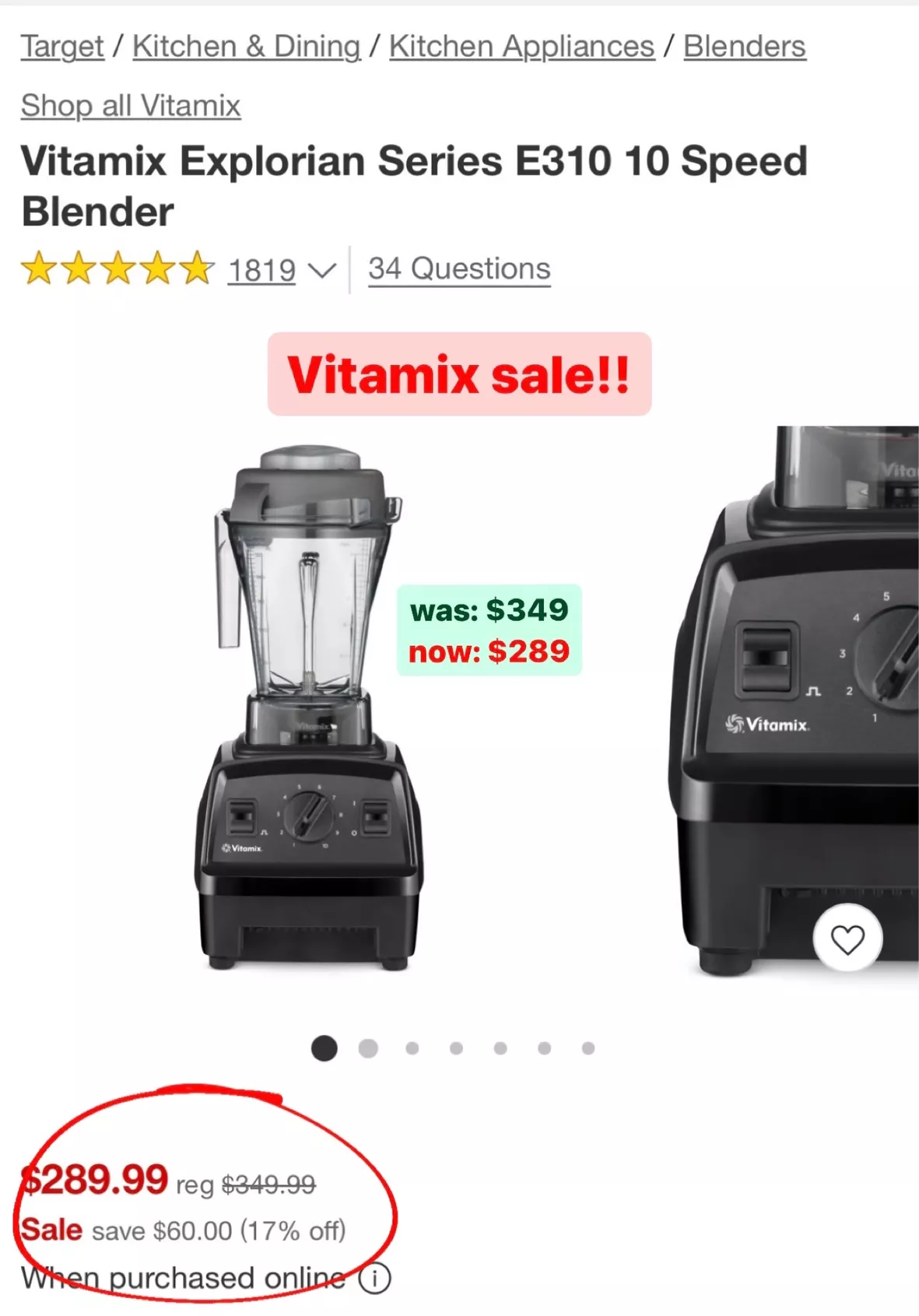 Vitamix Explorian Series E310 10 Speed Blender Black