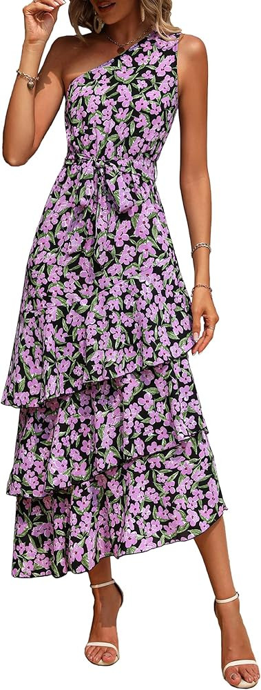 Pretty Garden Womens Summer Floral One Shoulder Tiered Ruffle Flowy Midi Beach Boho Dress | Amazon (US)