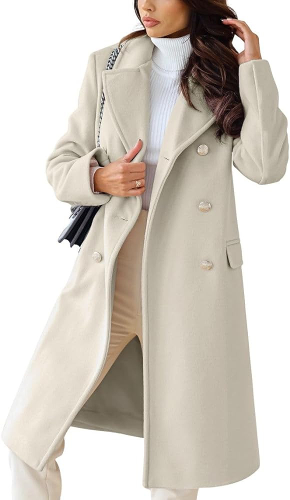 chouyatou Women's Winter Lapel Double Breasted Office Work Long Wool Pea Coat Overcoat | Amazon (US)