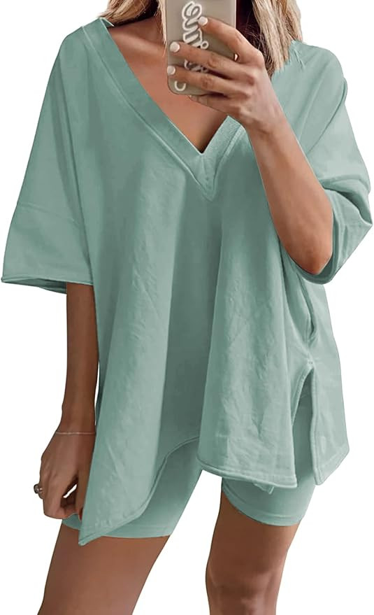 2 Two Piece Outfits for Women Summer Oversized Workout V Neck T Shirts Biker Shorts Matching Sets | Amazon (US)