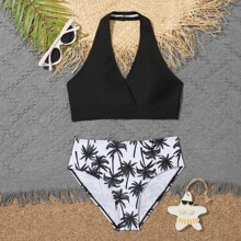 Girls Palm Tree Print Halter Bikini Swimsuit | SHEIN