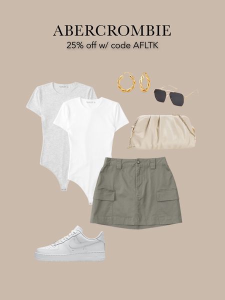 LTK Abercrombie sale, army green mini skirt, Nike Air Force 1, T-shirt bodysuit, beige purse 

#LTKSale #LTKunder100 #LTKFind