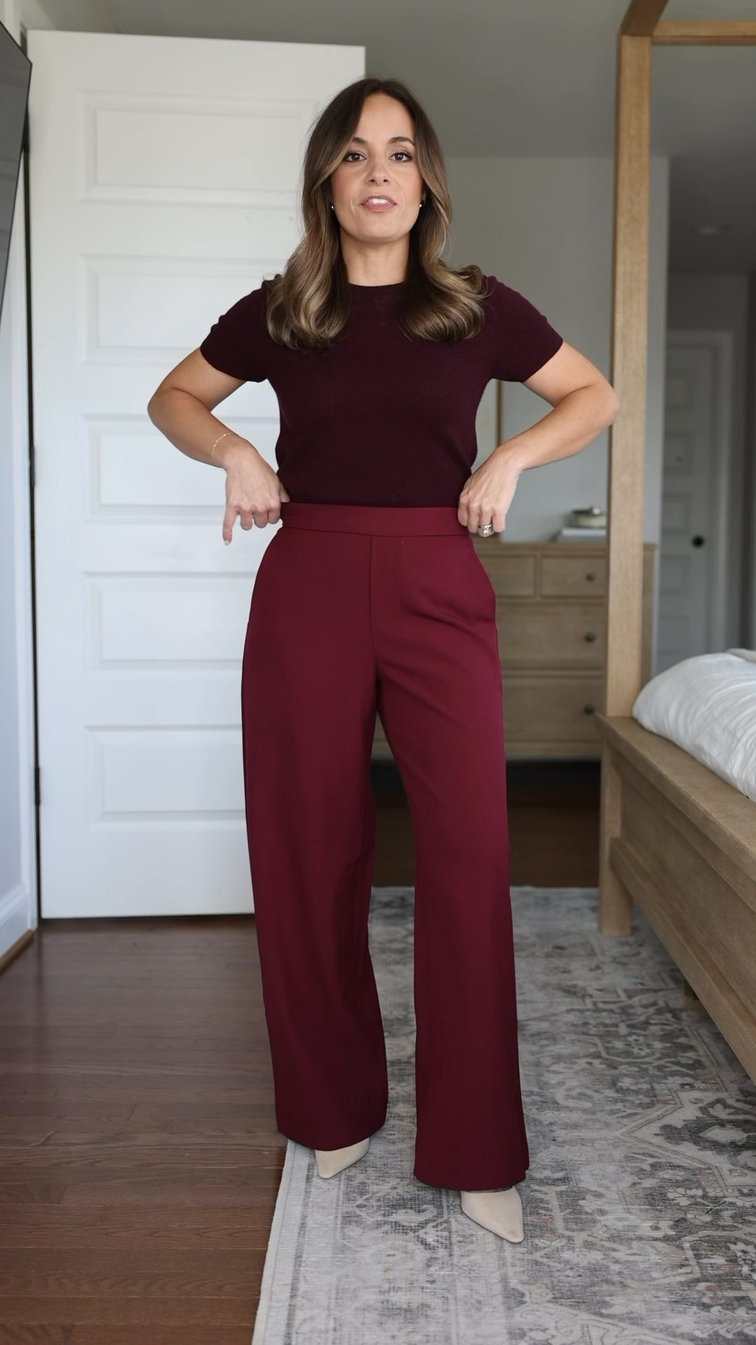 The 2026 Fall Workwear Capsule Wardrobe for petites! Nine outfits with burgundy wide leg pants. 

Burgundy Wide Leg Pants (BR Factory): petite 00 / 10” rise / 28.5” inseam - true to size, elastic waist in the back 

Orange Cardigan (Quince): xs 
Navy Sweater T-Shirt (Quince): xs 
Ivory Draped Top (Quince): xs 
Brown Ribbed Top (Quince): xs 
Wrap Cardigan (Aritzia): xs
White Button Down (J.Crew): petite 00 
Burgundy Short Sleeve Top (BR Factory): xxs 
Striped Button Down (Ann Taylor): xxs 
Brown Wide Leg Pants (BR Factory): petite 00 (doubleweave is sold out in brown, linking in black, similar option in the Hayden Pants)
Wide Leg Jeans (J.Crew Factory): petite 24 
Navy Slim Pants (Ann Taylor): petite 00 (I’m wearing curvy, but linked both fits)
Olive Cropped Flare Pants (J.Crew): petite 0 
Tan Blazer (J.Crew): petite 00 
Navy Blazer (J.Crew): petite 00 
Trench Coat (J.Crew): petite 00 

For size comparison, I’m 4’10” 105lbs. My measurements are 32”, 24”, 36”. I typically wear petite xxs/00/24 and have a 25” ankle inseam and a 27.5-28” full length inseam.