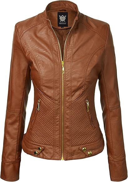 Lock and Love WJC747 Womens Dressy Vegan Leather Biker Jacket L Camel | Amazon (US)