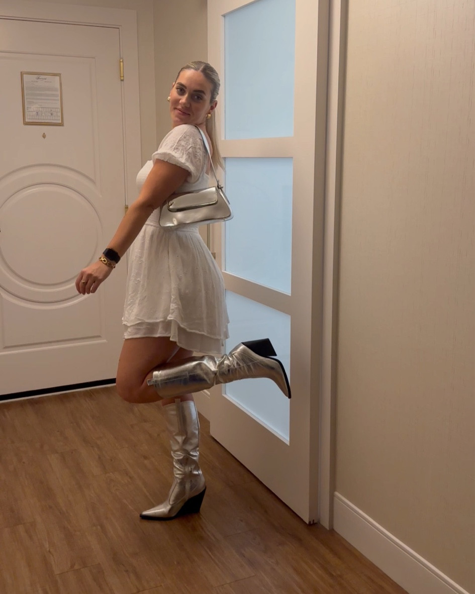 White skirt dress with silver metallic cowboy boots and silver metallic shoulder bag 

#LTKHoliday #LTKHolidaySale #LTKSeasonal
