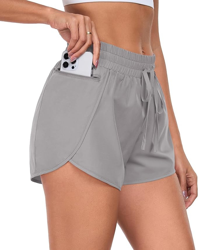 PrinStory Womens Athletic Shorts High Waisted Running Quick Dry Gym Workout Shorts with Zipper Po... | Amazon (US)