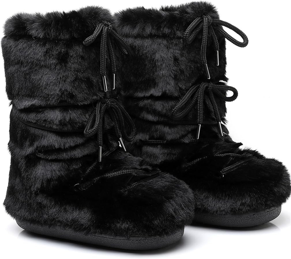 Winter Boots for Women, Furry Fuzzy Fluffy Faux Fur Snow Boots with Fur Lined Non-Slip Outsole Bl... | Amazon (US)