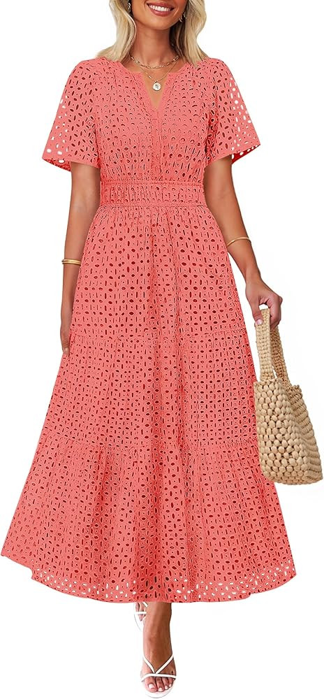 ZESICA Women's 2026 Summer Short Sleeve Maxi Dress Casual V Neck Hollow Out Eyelet Ruffle Swing A... | Amazon (US)