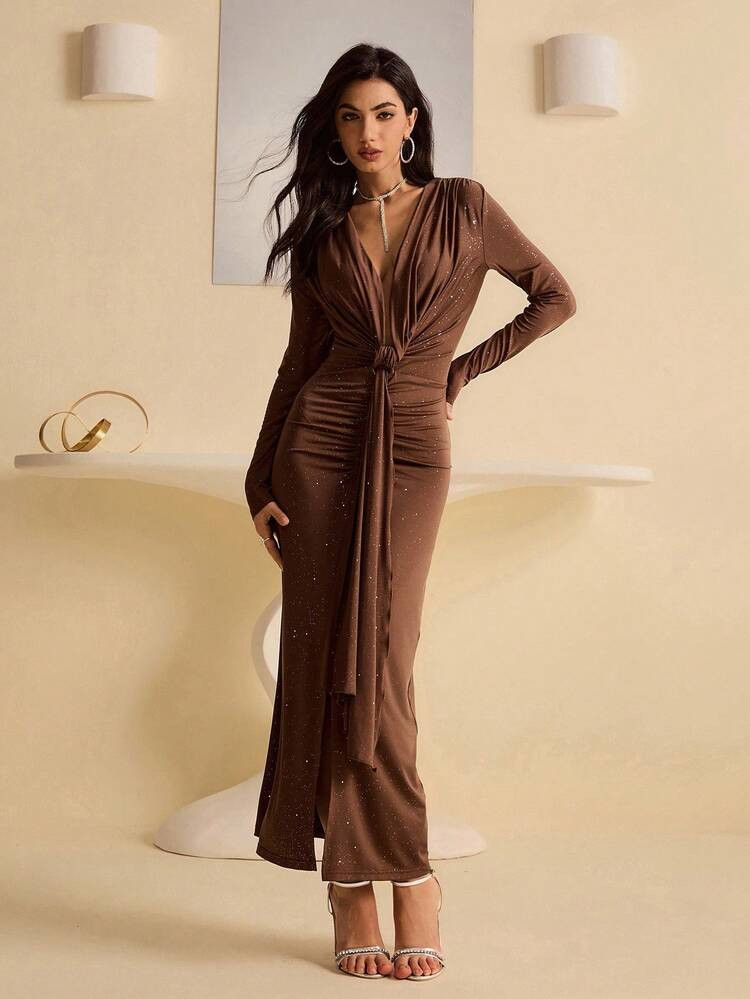 Vestido Marrón brillo Plata | SHEIN