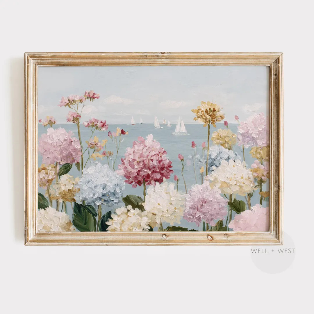 Colorful Hydrangeas Print | Vintage Style Pastel Flowers | Coastal Sailboat | Cottagecore Decor |... | Etsy (US)