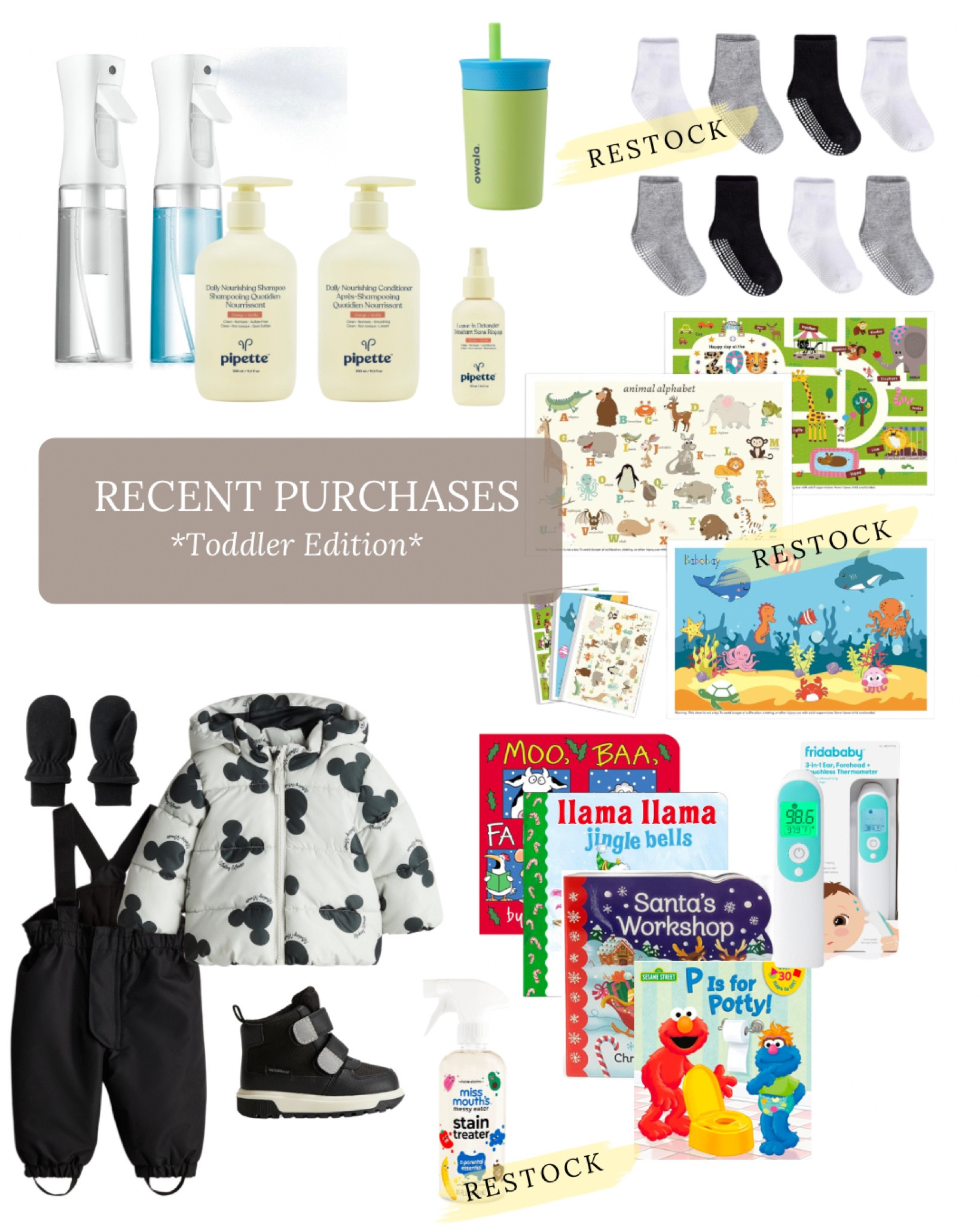 Recent purchases for toddler life!
Hair supplies, spray bottles, shampoo, conditioner, socks, water bottle, sticky placemats, snow gear, puffer down coat, snow pants, snow boots, board books, thermometer 
Amazon, Target, H&M 
Baby toddler kids

#LTKKids #LTKFindsUnder100 #LTKFindsUnder50