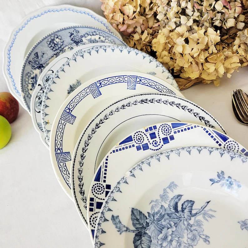 Antique French Mismatched Ironstone Shabby Wall Plates - Set of 8 Blue Floral Transferware - Etsy | Etsy (Global)