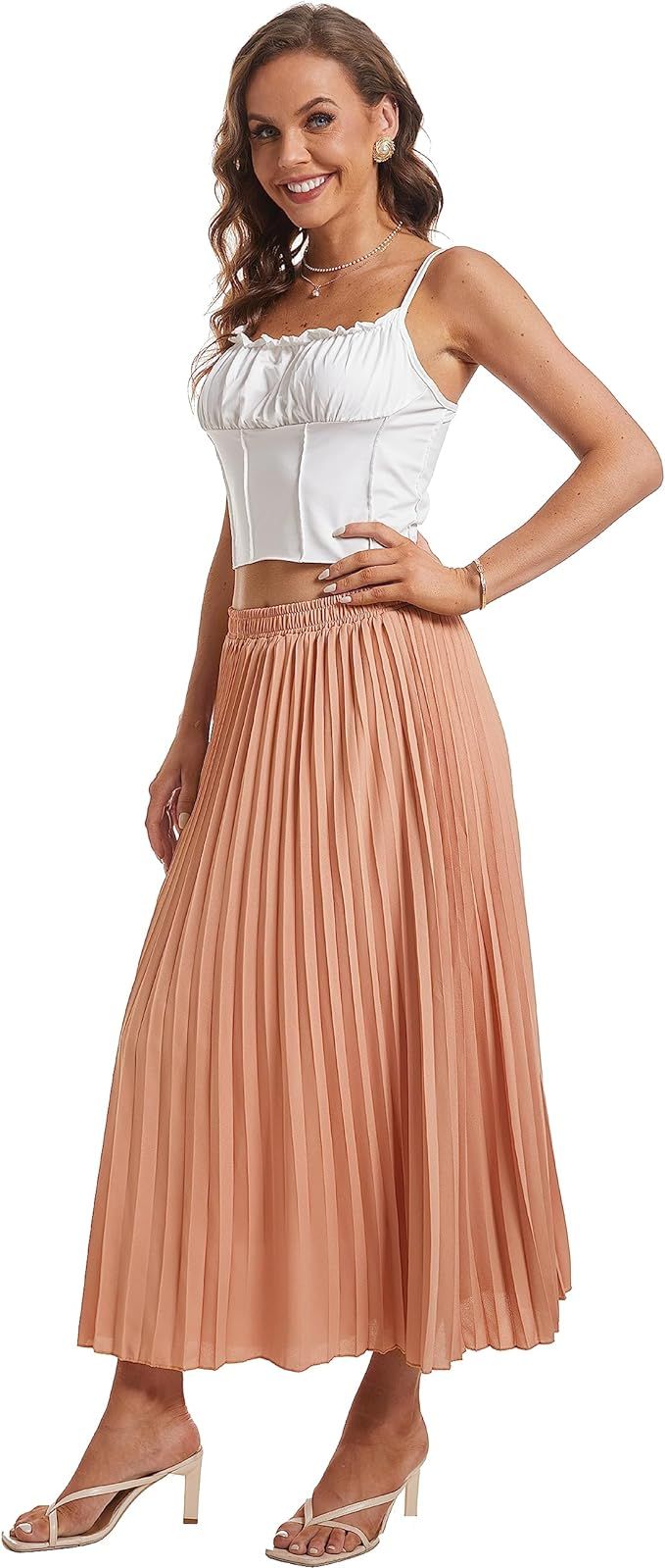 TEERFU Womens Elastic High Waist Flowy Pleated Skirt Chiffon Swing A-line Beach Maxi Skirt | Amazon (US)
