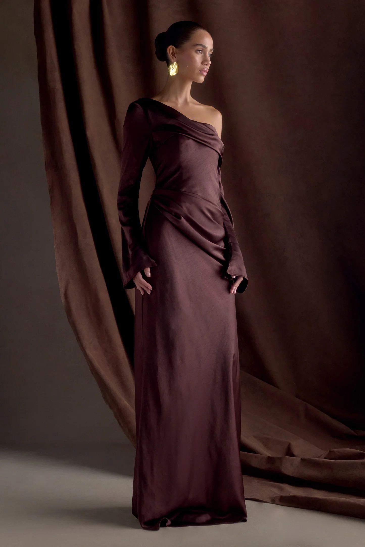 Long Sleeve Satin Maxi Dress - Dark Chocolate | MESHKI US
