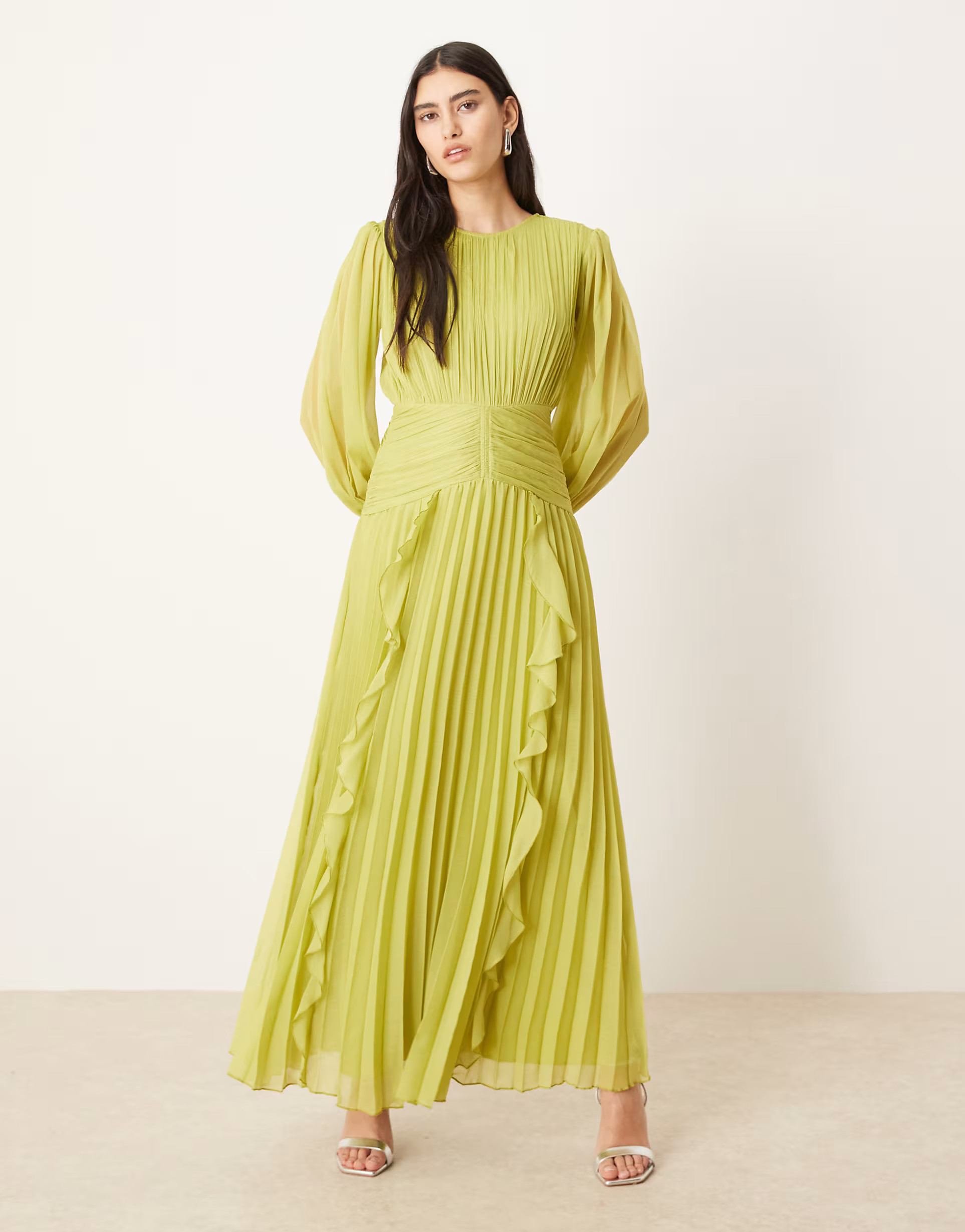 ASOS DESIGN high neck ruched belt detail maxi dress in lime green | ASOS (Global)