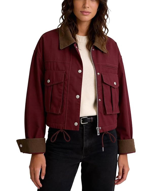 Flygo Womens Cropped Jacket 2026 Trendy Contrast Collar Barn Jacket Zip Up Oversized Utility Coat... | Amazon (US)