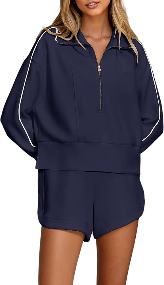 Women Two Piece Outfits Y2K Half Zip Lapel Collar Long Sleeve Side Slit Sweatshirt High Waist Sho... | Amazon (US)