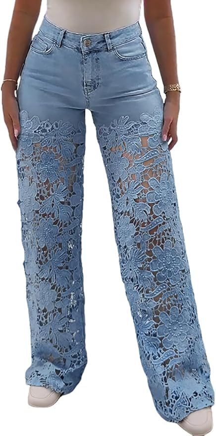 CHICME Women's High Waist Jeans Lace Spliced Stretchy Zipper Wide Leg Pants with Pockets Hollow-O... | Amazon (US)
