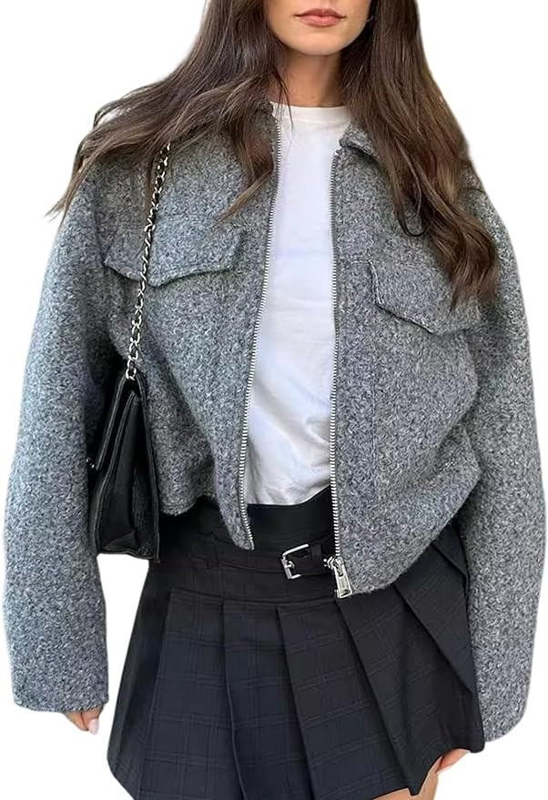 Wyeysyt Women's Wool Coat Lapel Zip Up Copped Bomber Jacket Outerwear with Pockets 2024 | Amazon (US)