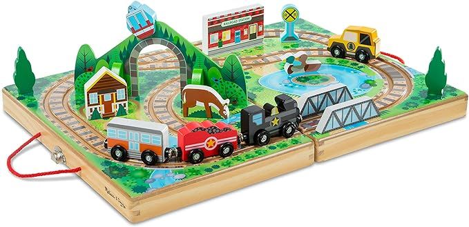 Melissa & Doug 17-Piece Wooden Take-Along Tabletop Railroad, 3 Trains, Truck, Play Pieces, Bridge... | Amazon (US)