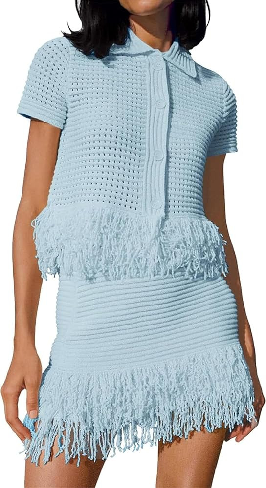 Womens 2 Piece Crochet Outfits Short Sleeve Button Knit Sweater Tops Fringe Skirt Summer Vacation... | Amazon (US)