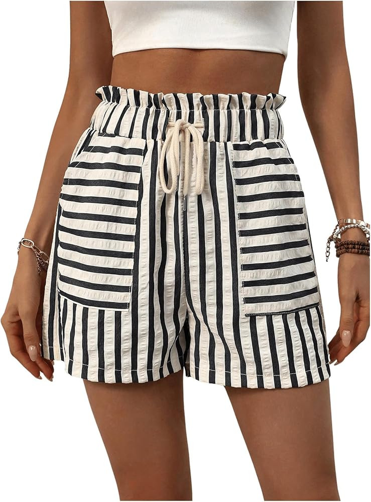 Verdusa Women's Drawstring Paperbag Waist Striped Straight Leg Shorts | Amazon (US)