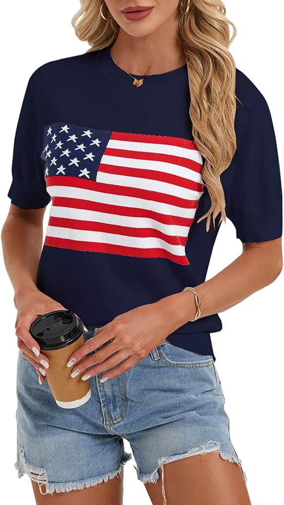 Women's American Flag Short Sleeve Crewneck Sweater Top Summer Lightweight Knit Tops | Amazon (US)