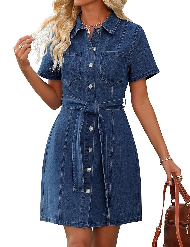 Denim Dress for Women,Short Sleeve Jean Dress Button Down Babydoll Denim Shirt Dresses with Pocke... | Amazon (US)