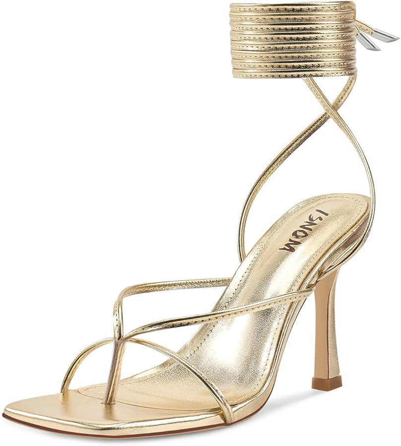 ISNOM Lace Up Heels Sandals for Women, Square Toe, Open Toe Thong, Stiletto Heels Design | Amazon (US)