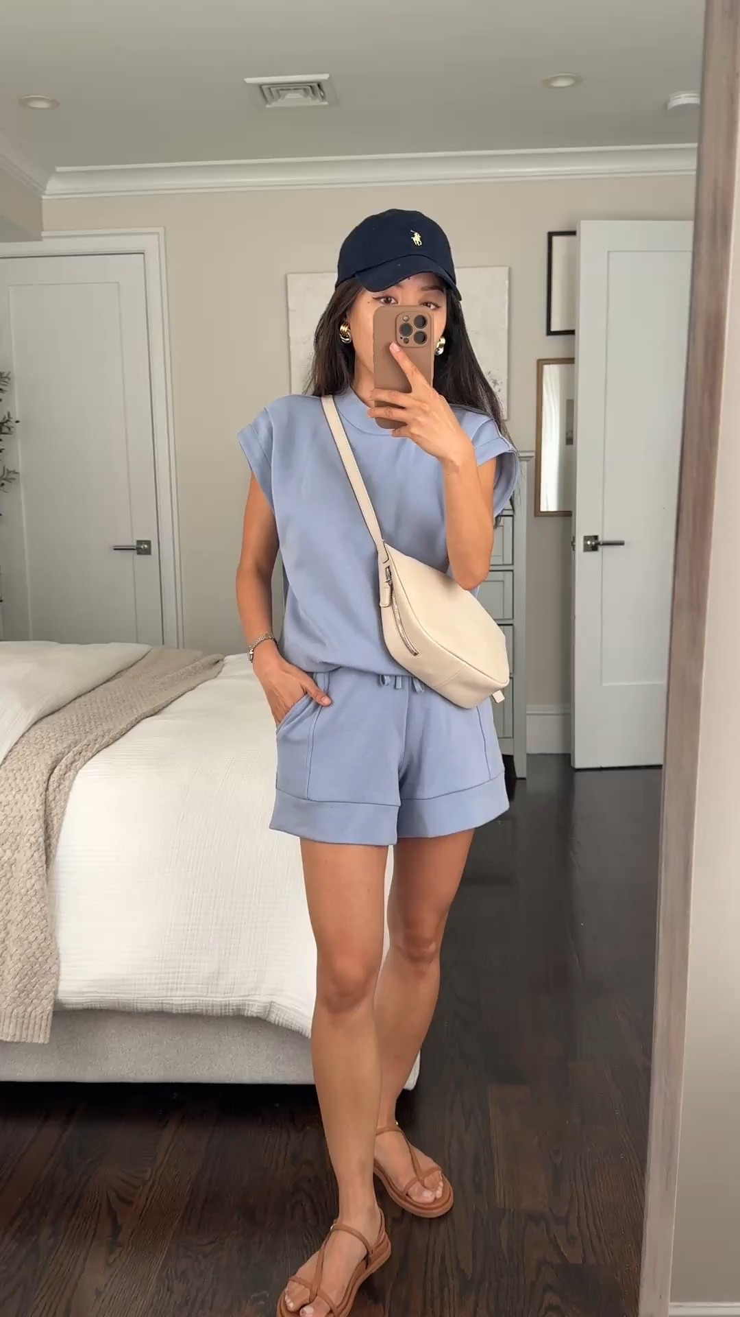 xxs just restocked in both pieces! Gorgeous color and I also linked another very petite friendly set that I bought and love (I have xxs ivory marl in the Kelly top). 

Elevated comfy athleisure outfit. I’ve worn this so many times with sneakers ( adidas and NB) , sandals, and mesh flats 

• Dolce Vita sandals 5 

• Varley doublesoft Otis Sleeveless shirt in rain blue xxs so soft against the skin and a beautiful color, Top is a longer length with drawstring so you can tighten and tuck the length under and it stays in place all day  
 
A note about their double soft fabric is to be careful of non smooth handbags rubbing against it, esp straw totes might cause pilling. 

• Varley Atrium High-Rise Shorts in rain blue xxs great length even for petites that isn’t too short 

• neiwai bra one size so comfy 

• Madewell bag is an older version of the style linked in cream 

• polo hat from Shopbop 

• heaven mayhem mini knot earrings 

Petite friendly, athleisure, busy mom errands outfits, airport travel style

#LTKPetite #LTKTravel #LTKSummerEdit