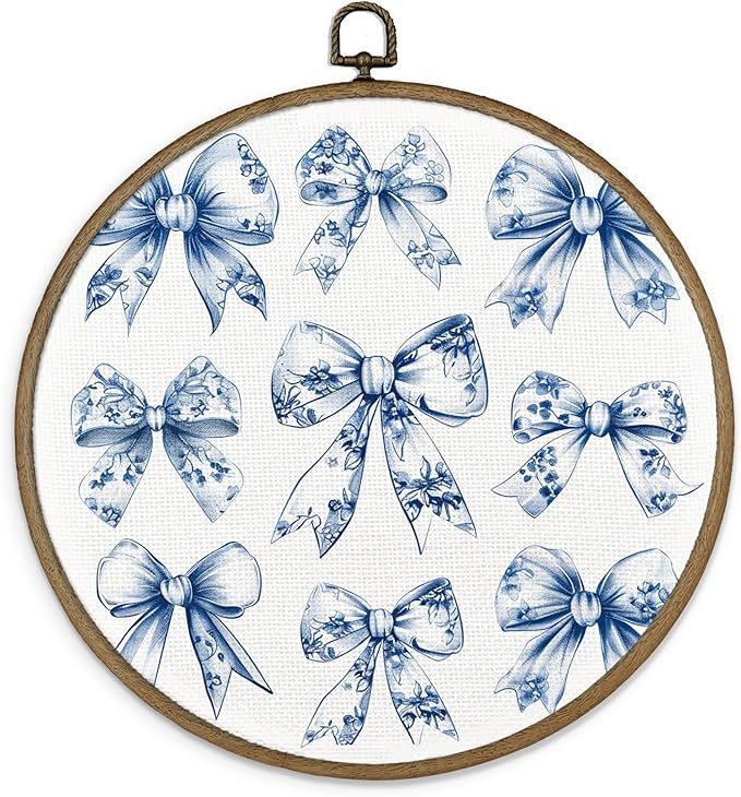 MAQIKA Preppy Chinoiserie Bow Framed Wall Art Decor, Coquette Room Decor, Blue and White Round Wa... | Amazon (US)