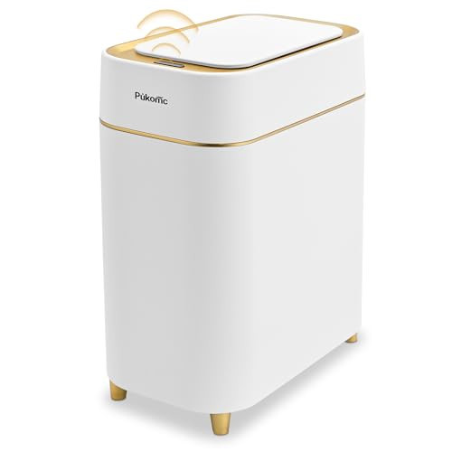 Pukomc Automatic Small Sensor Trash Can with Touchless Lid, 2.3 Gallon / 9L Smart Garbage Can, Quiet Close White Gold Waste Bin - Perfect for Kitchen, Living Room & Small Spaces | Amazon (US)