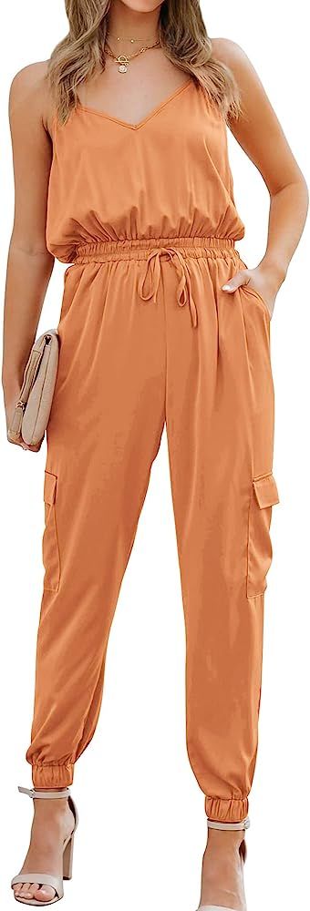 BTFBM Women's Casual Sleeveless Adjustable Spaghetti Strap Jumpsuits Summer One Piece Outfits Satin  | Amazon (US)