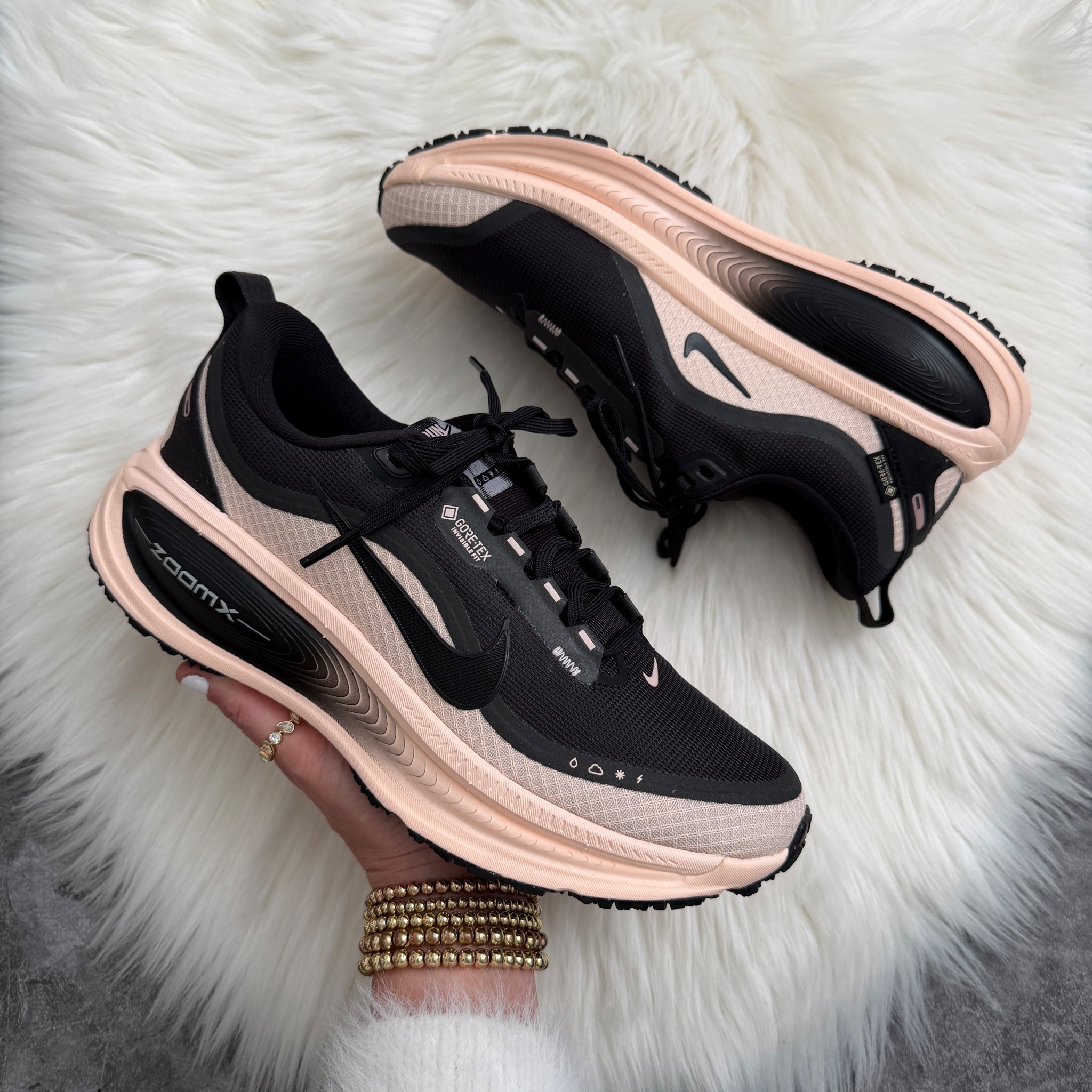 Woman’s Nike Vomero 18 GTX Gore-Tex Waterpoof Running Shoe. Comes in 3 colors, runs true to size. 