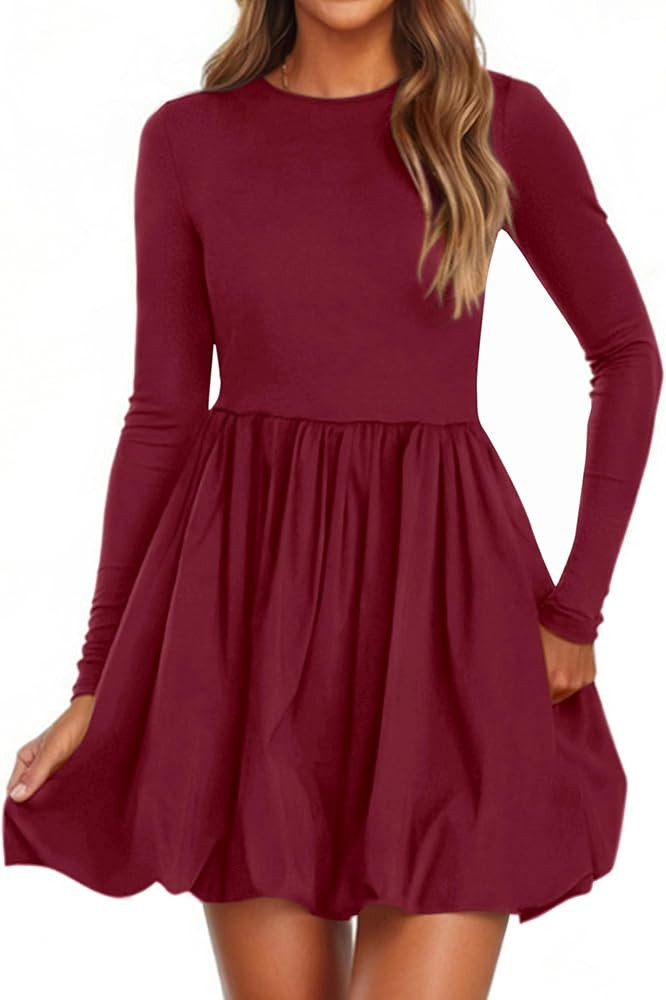 PRETTYGARDEN Fall Dresses for Women 2025 Casual Long Sleeve Bubble Cute Crew Neck A Line Mini Sho... | Amazon (US)