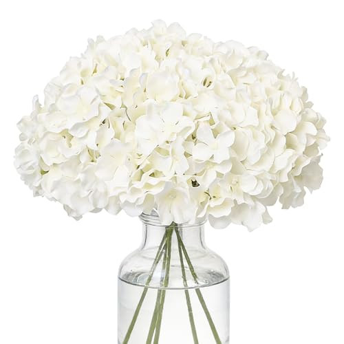 FLORRALIA Fake White Hydrangea Artificial Flowers - Faux Silk Hydrangeas Flowers Heads with Stems Real Touch for Home Wedding Party Table Decor (White,Pack of 10) | Amazon (US)