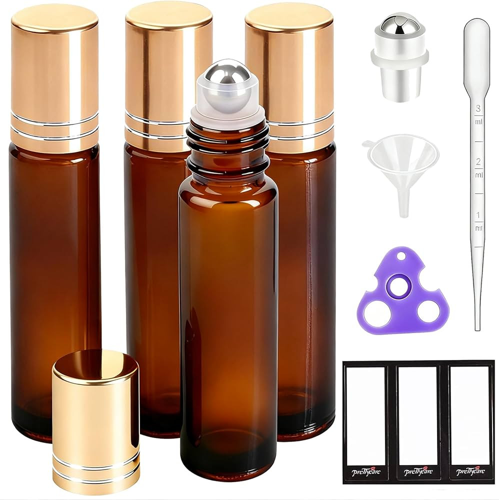 PrettyCare 4 Pack Amber Glass Oil Roller Bottles for Essential Oils 10ml, Roll On Bottles with St... | Amazon (US)