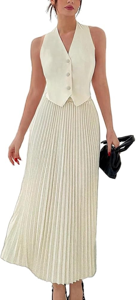 KEOMUD Women Summer Suiting 2 Piece Outfits Button V Neck Sleeveless Suit Vest and High Waist Max... | Amazon (US)
