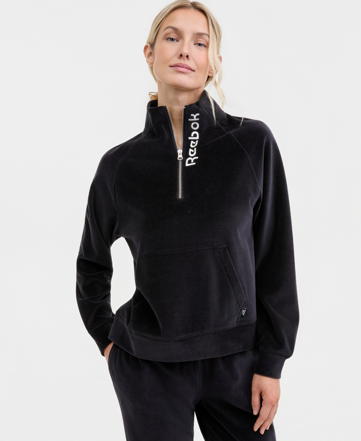 Reebok Women's New Heritage Velour Half Zip Collared Top - Black | Macy's